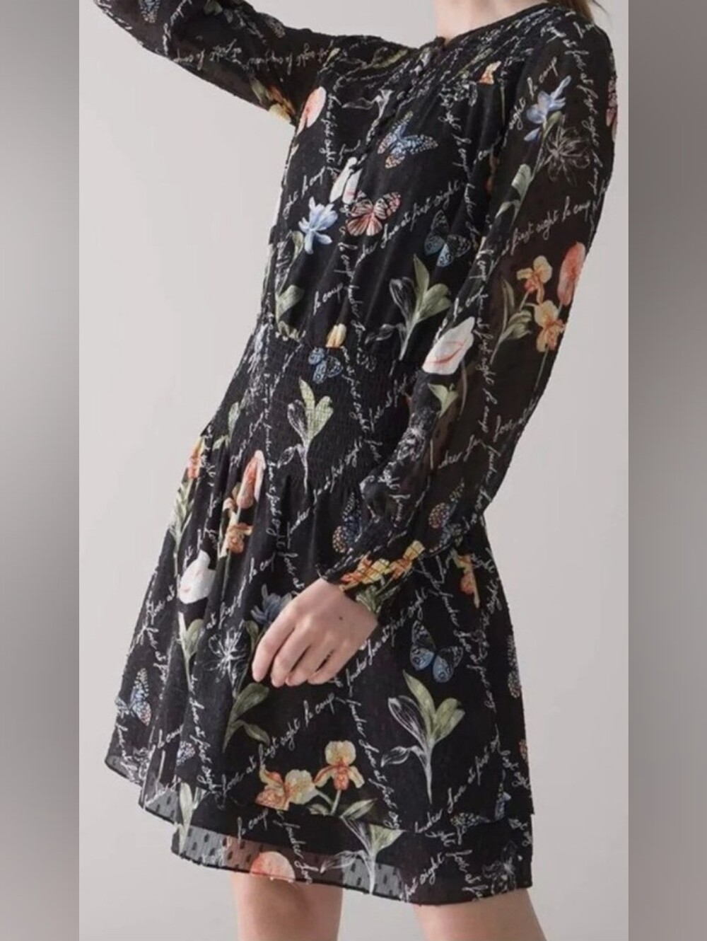 WHBM Black Floral Long-Sleeve Smocked Waist Dress Size M